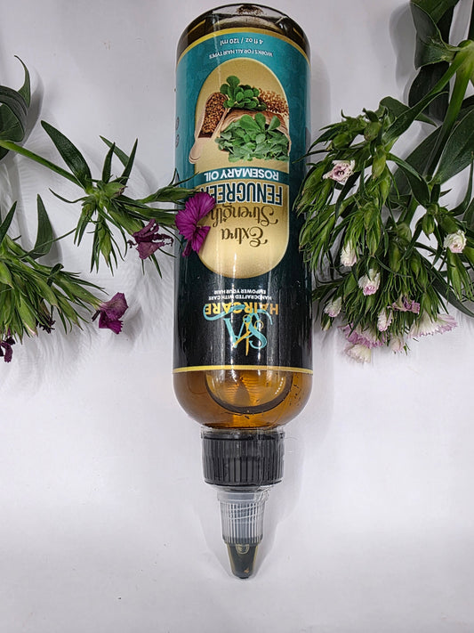 “Herbal fenugreek and rosemary oil with visible infused ingredients, promoting natural hair growth and scalp health.”
